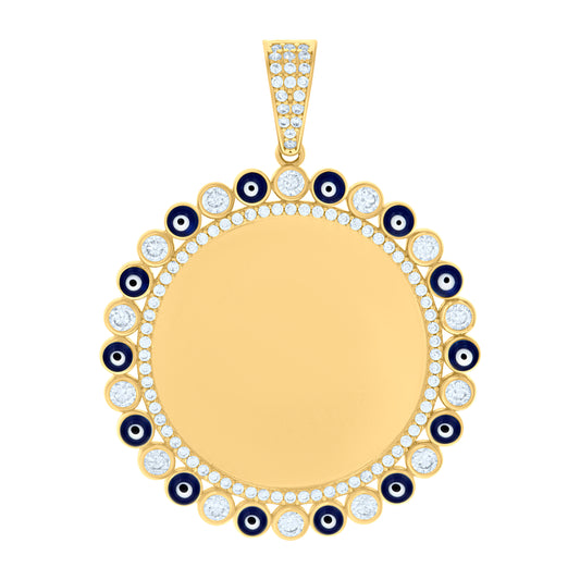 10k Yellow Gold Mens Cubic Zirconia Enamel Evil Eye Photo Frame Charm Pendant
