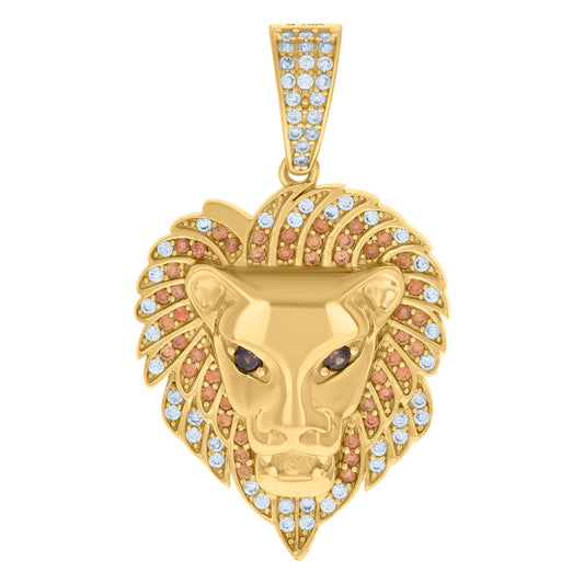 10k Yellow Gold Mens Red/Brown White Cubic Zirconia Leo/Lion Head Zodiac Sign/Wildlife Charm Pendant