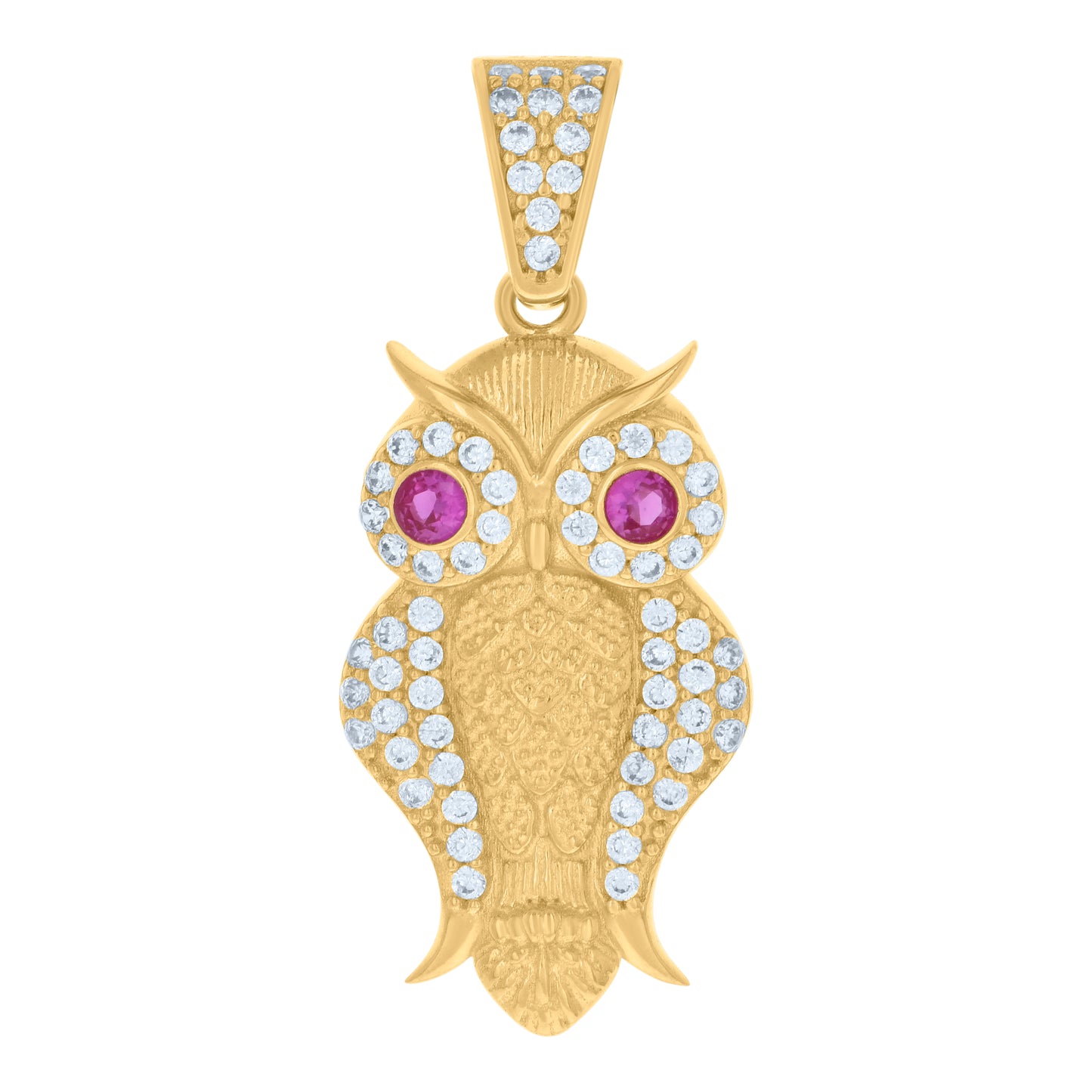 10k Yellow Gold Unisex Purple White Cubic Zirconia Owl Bird Wildlife Charm Pendant