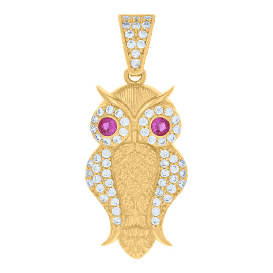 10k Yellow Gold Unisex Purple White Cubic Zirconia Owl Bird Wildlife Charm Pendant
