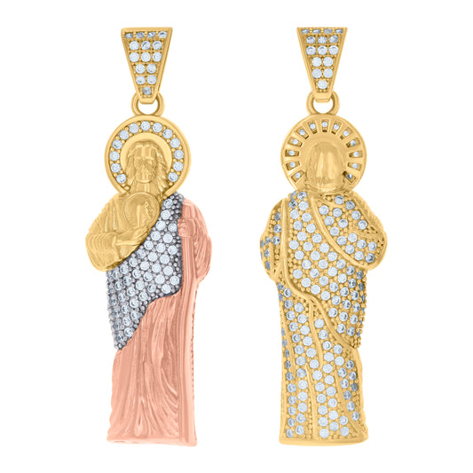 10k Tri Color Gold Mens Cubic Zirconia Saint Jude Religious Charm Pendant