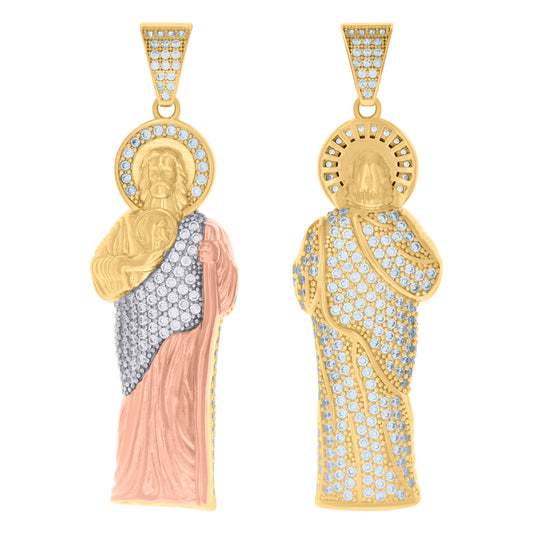 10k Tri Color Gold Mens Cubic Zirconia Saint Jude Religious Charm Pendant