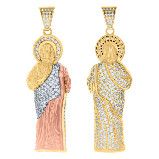 10k Tri Color Gold Mens Cubic Zirconia Saint Jude Religious Charm Pendant