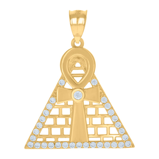 10kt Yellow Gold Unisex Cubic-Zirconia Pyramid Egyptian Ankh Cross Religious Charm Pendant