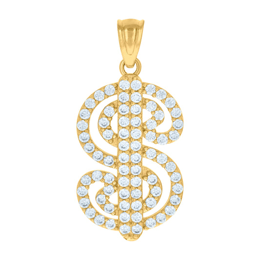 10k Yellow Gold Unisex Cubic Zirconia Dollar Sign Currency Charm Pendant