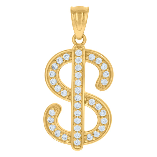 10k Yellow Gold Unisex Cubic Zirconia Dollar Sign Currency Charm Pendant