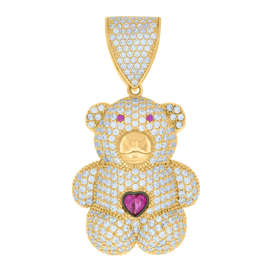 10k Yellow Gold Black tone Unisex Pink White Heart Round Cubic Zirconia Teddy Bear Charm Pendant