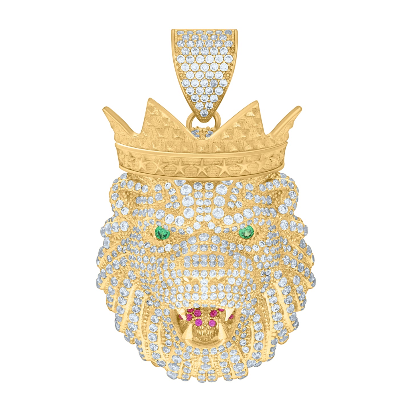 10k Yellow Gold Mens Green/Pink White Cubic Zirconia Leo/Lion Head Animal Zodiac Sign/Wildlife Charm Pendant