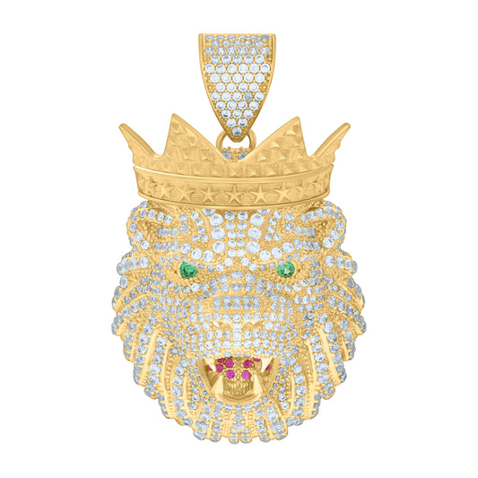 10k Yellow Gold Mens Green/Pink White Cubic Zirconia Leo/Lion Head Animal Zodiac Sign/Wildlife Charm Pendant