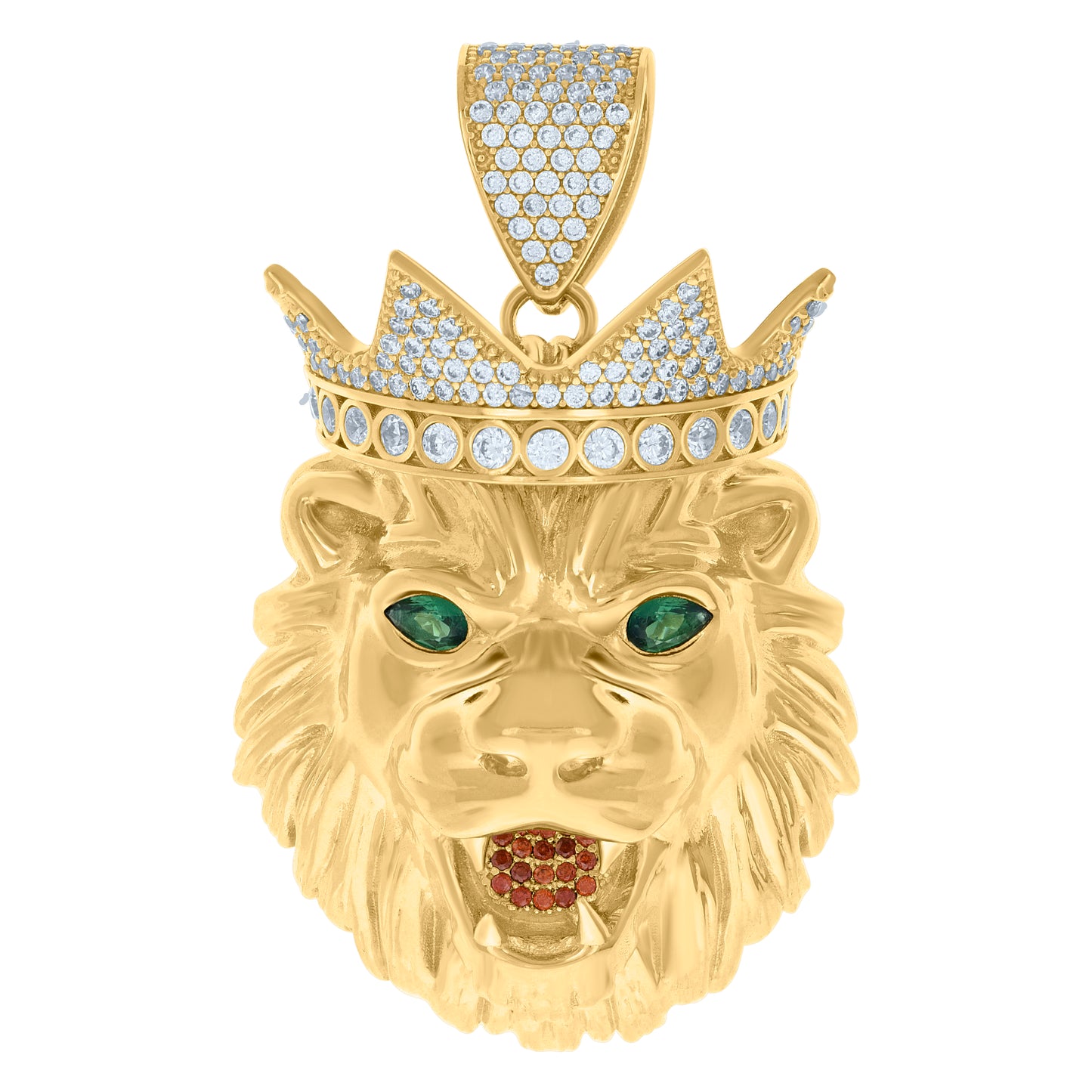 10k Yellow Gold Mens Green/Red White Cubic Zirconia Leo/Lion Head Animal Zodiac Sign/Wildlife Charm Pendant