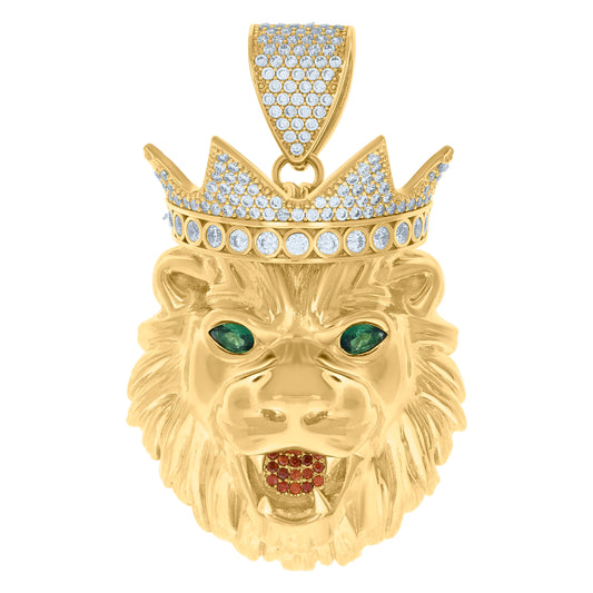 10k Yellow Gold Mens Green/Red White Cubic Zirconia Leo/Lion Head Animal Zodiac Sign/Wildlife Charm Pendant