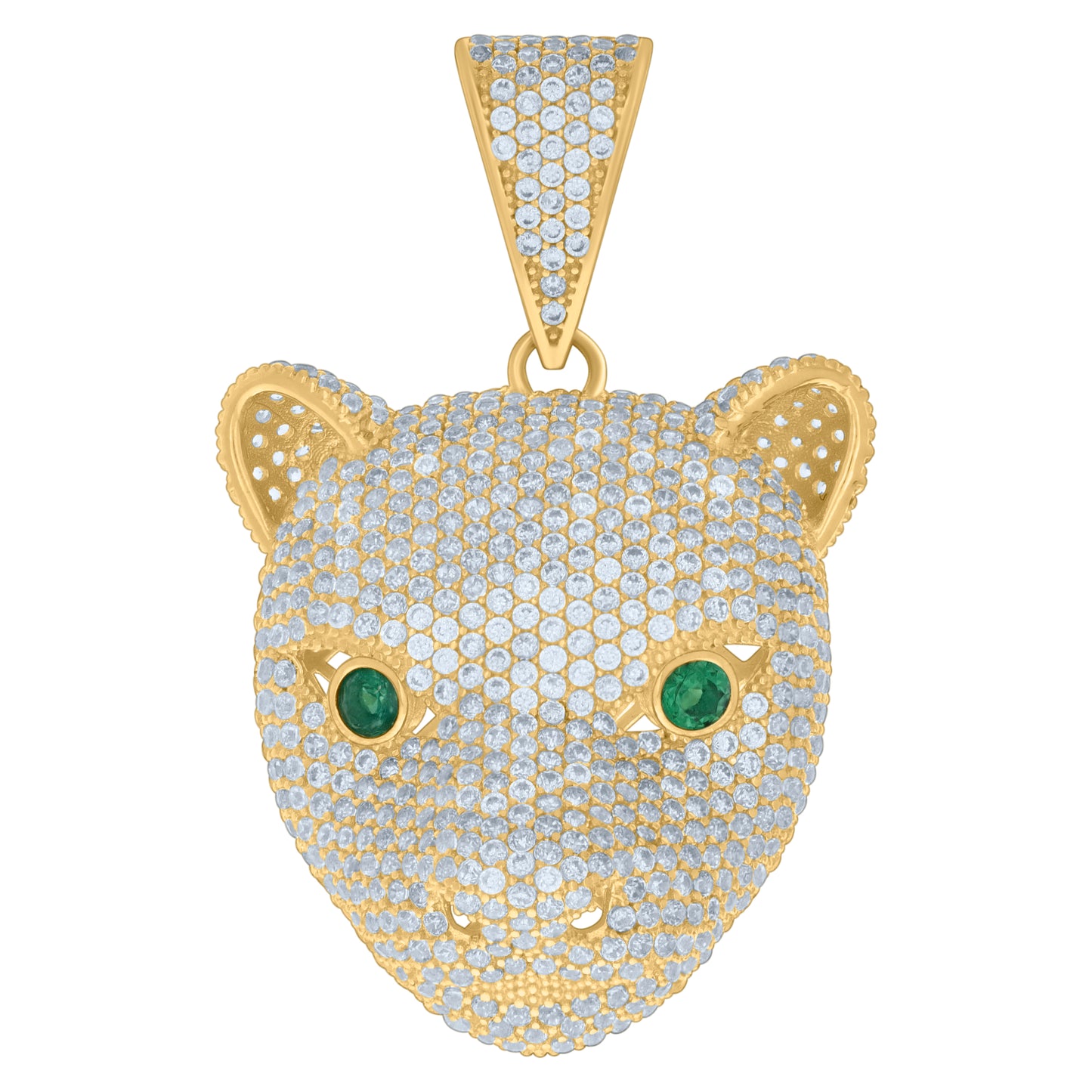 10k Yellow Gold Mens Green White Cubic Zirconia Panther Head Animal Wildlife Charm Pendant