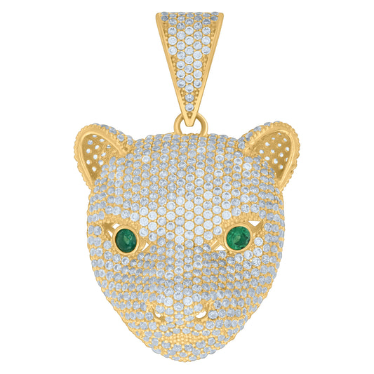 10k Yellow Gold Mens Green White Cubic Zirconia Panther Head Animal Wildlife Charm Pendant