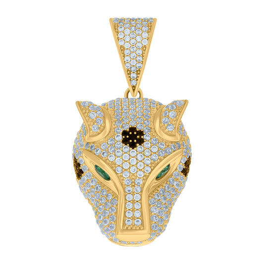 10k Yellow Gold Mens Green/Black White Cubic Zirconia Panther Head Animal Wildlife Charm Pendant