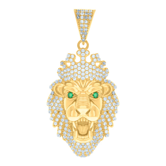 10k Yellow Gold Mens Green White Cubic Zirconia Leo/Lion Head Animal Zodiac Sign/Wildlife Charm Pendant