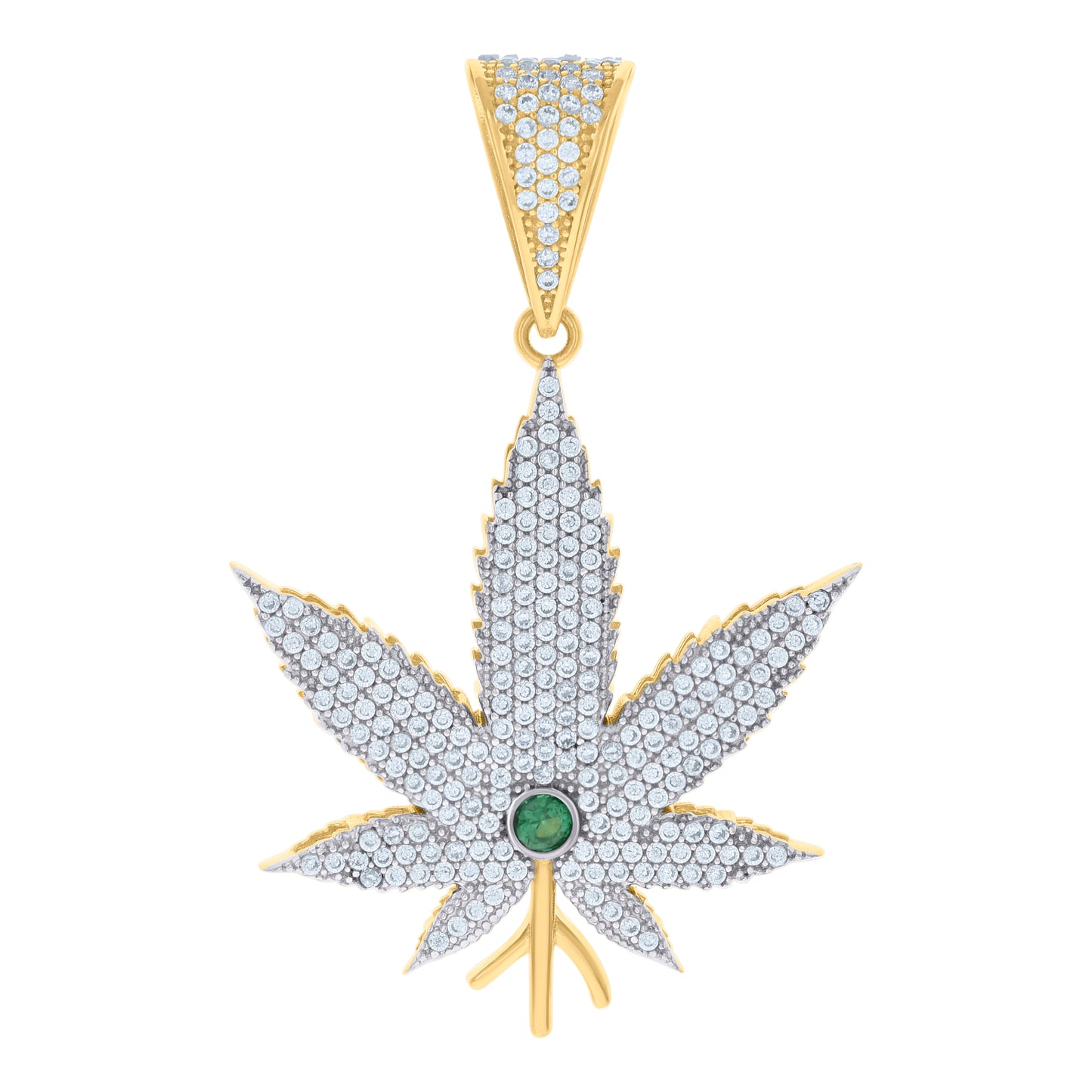 10k Two tone Gold Mens Green White Cubic Zirconia Marijuana Leaf Fashion Charm Pendant