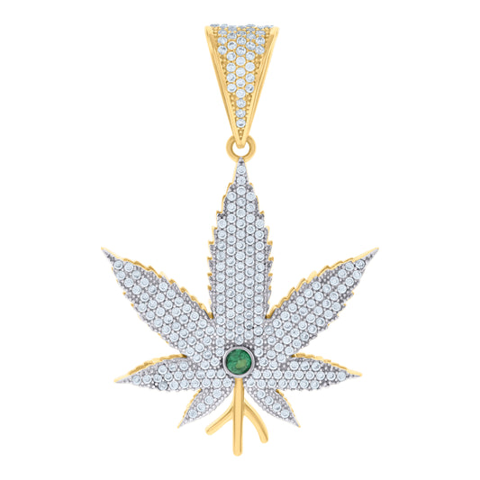 10k Two tone Gold Mens Green White Cubic Zirconia Marijuana Leaf Fashion Charm Pendant