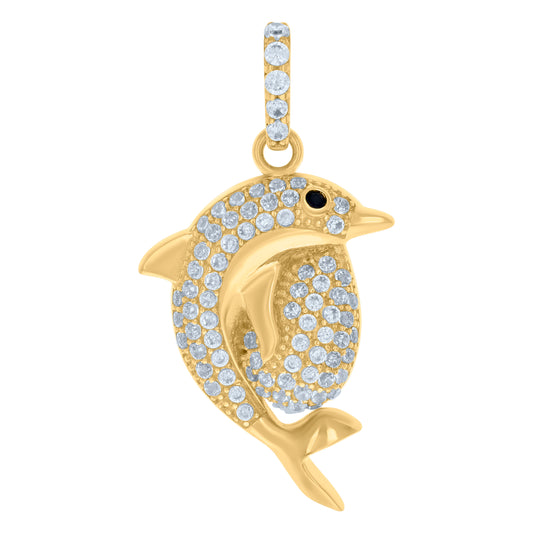10k Yellow Gold Womens Black White Cubic Zirconia Dolphin Fish Ocean Charm Pendant