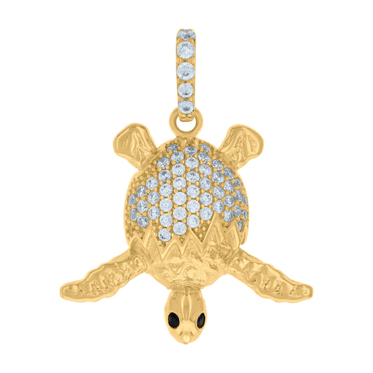10k Yellow Gold Womens Black White Cubic Zirconia Turtle Ocean Charm Pendant