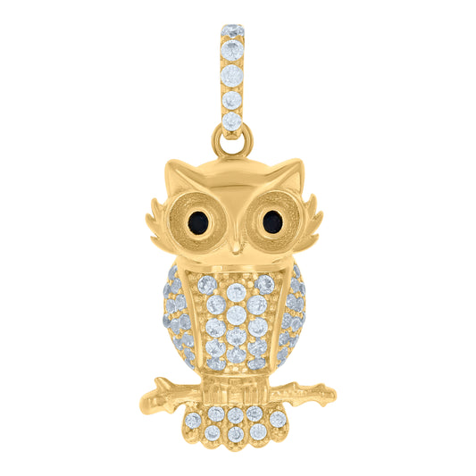 10k Yellow Gold Unisex Black White Cubic Zirconia Owl Bird Wildlife Charm Pendant