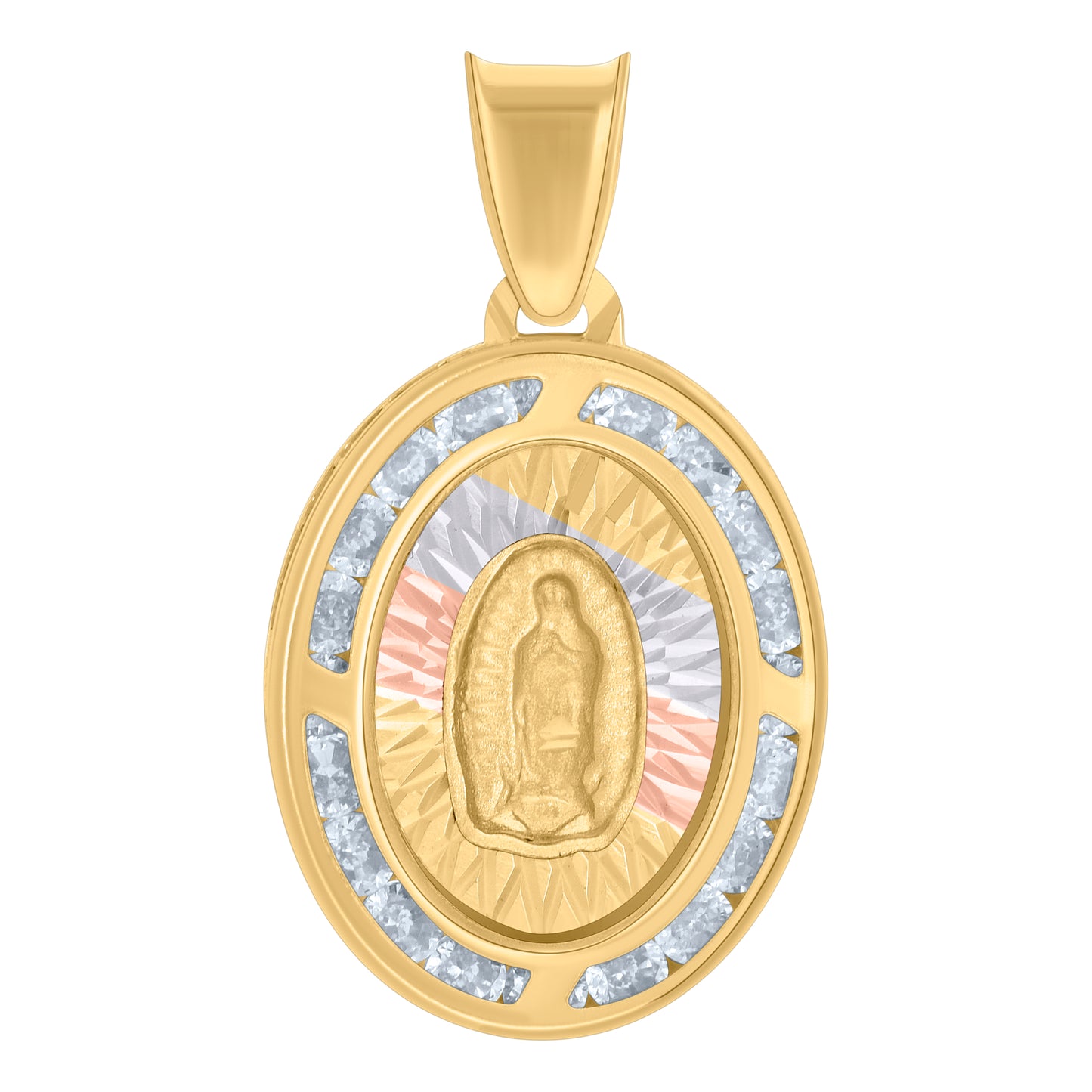 10kt Tri-Color Gold Womens Cubic-Zirconia Oval Medallion Guadalupe Religious Charm Pendant