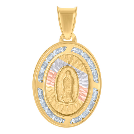10kt Tri-Color Gold Womens Cubic-Zirconia Oval Medallion Guadalupe Religious Charm Pendant