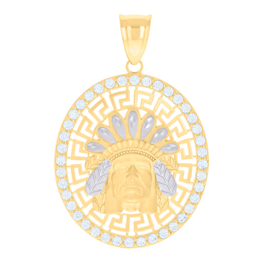 10k Two tone Gold Mens Cubic Zirconia Native American Indian Chief Fashion Charm Pendant