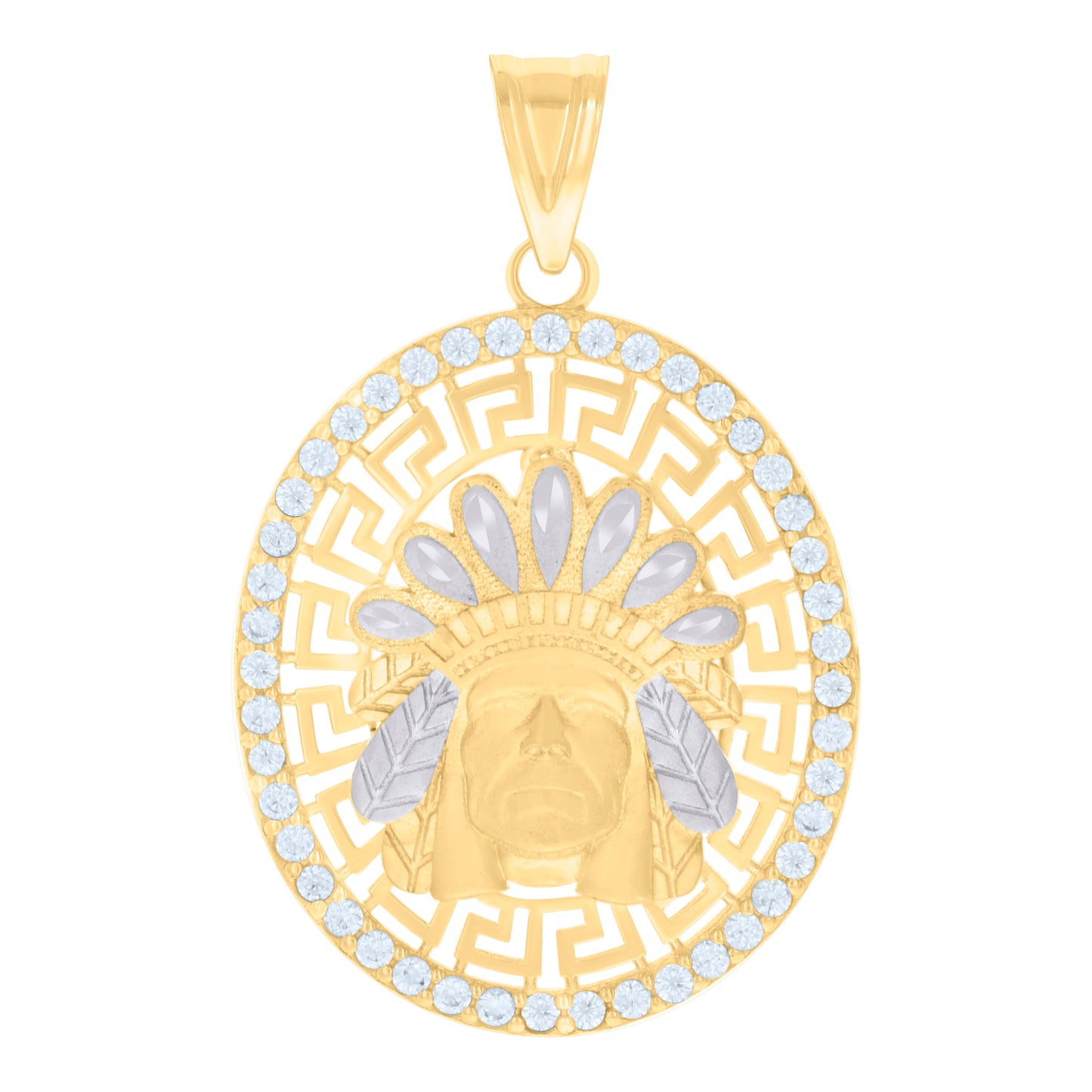 10k Two tone Gold Mens Cubic Zirconia Native American Indian Chief Fashion Charm Pendant