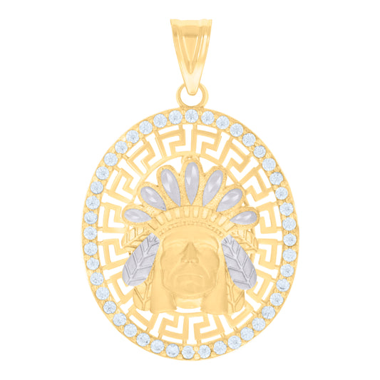 10k Two tone Gold Mens Cubic Zirconia Native American Indian Chief Fashion Charm Pendant