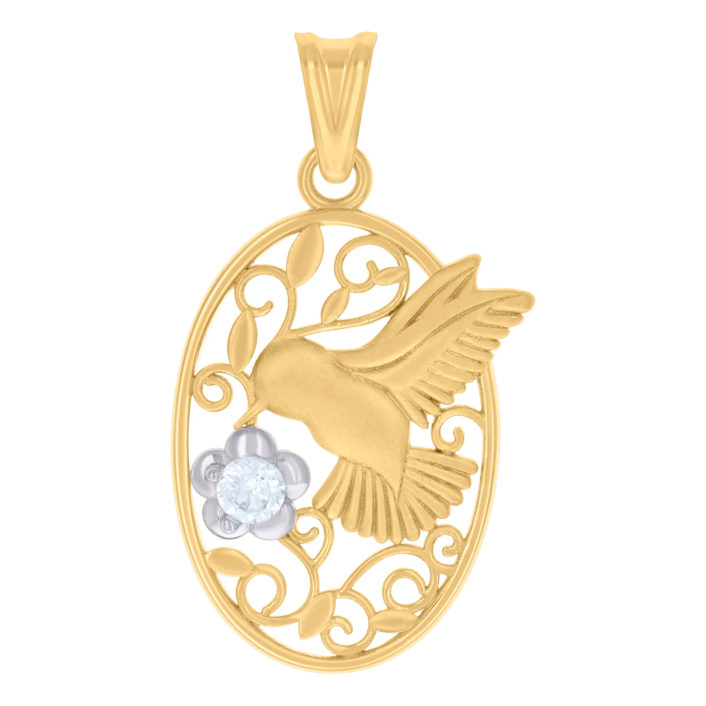 10k Two tone Gold Womens Cubic Zirconia Oval Hummingbird Bird Wildlife Charm Pendant