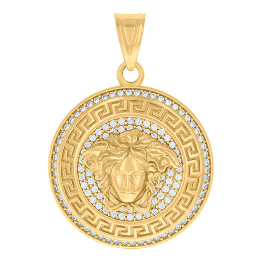 10k Yellow Gold Mens Cubic Zirconia Greek Key Medusa Egyptian Charm Pendant