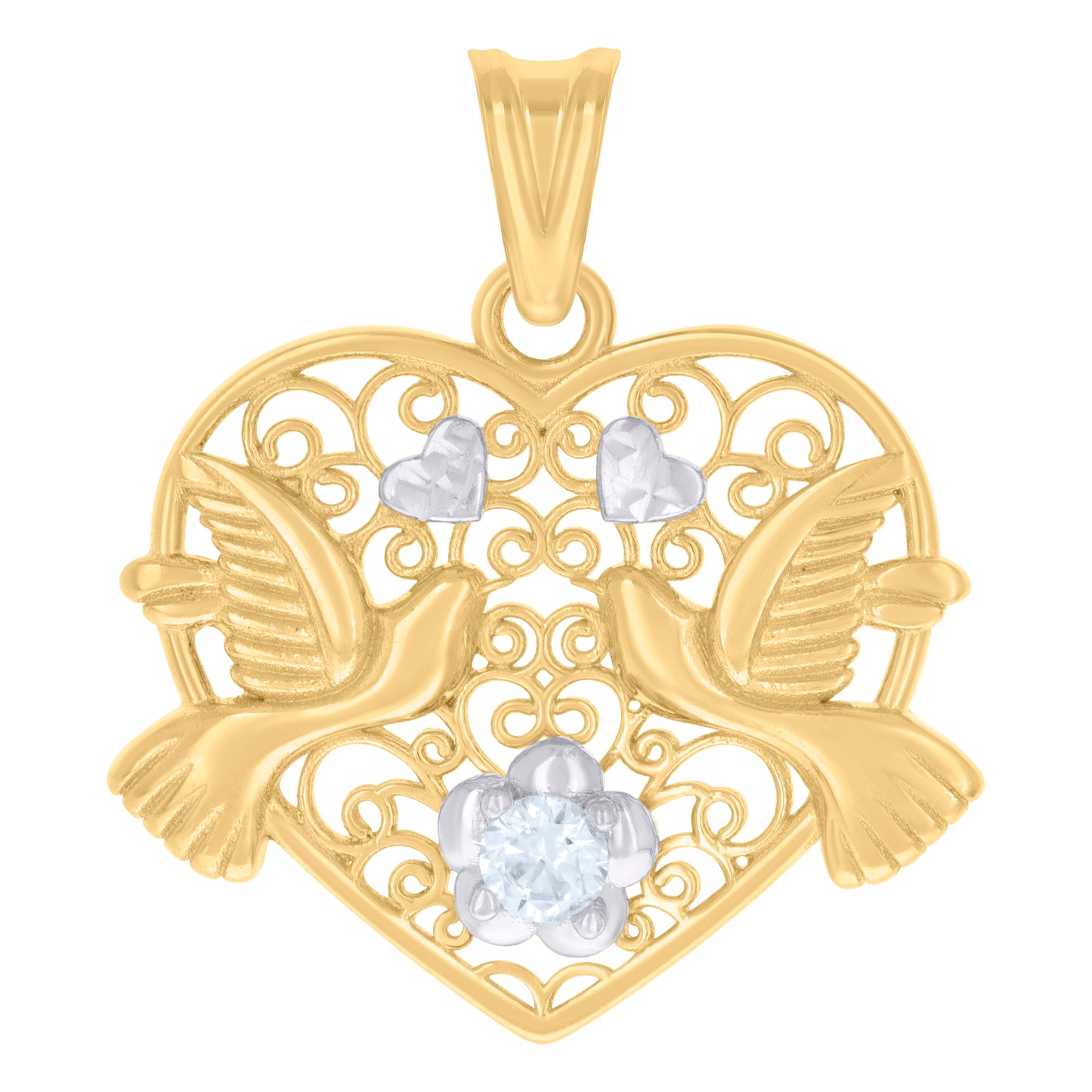 10k Two tone Gold Womens Cubic Zirconia Flying Doves Heart Charm Pendant