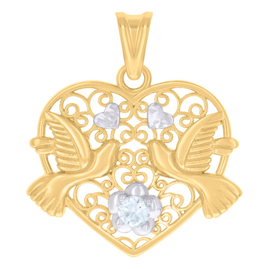 10k Two tone Gold Womens Cubic Zirconia Flying Doves Heart Charm Pendant