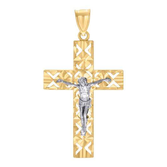 10k Two tone Gold Mens Crucifix Cross Religious Pendant