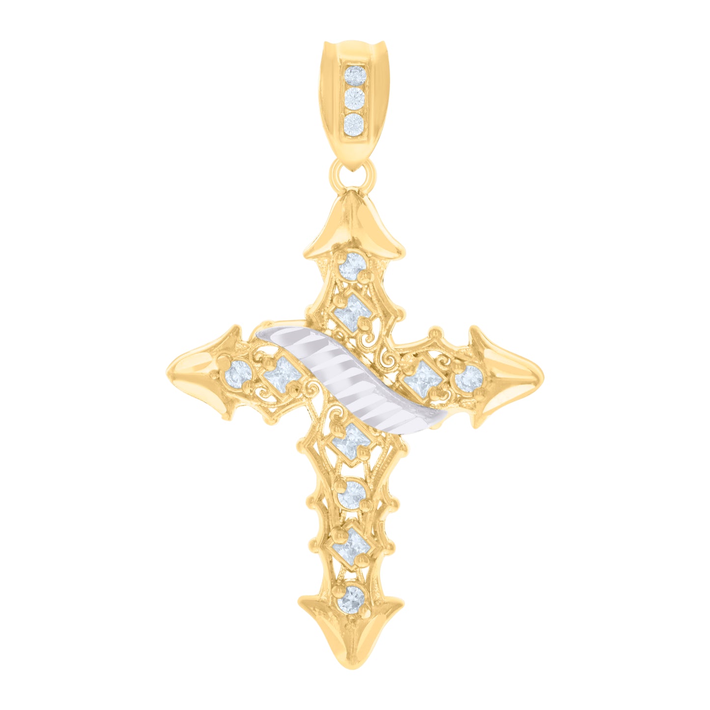 10k Two tone Gold Mens Princess cut Round Cubic Zirconia Filigree Cross Religious Charm Pendant