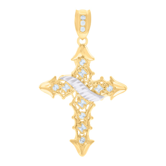 10k Two tone Gold Mens Princess cut Round Cubic Zirconia Filigree Cross Religious Charm Pendant