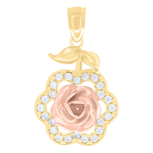 10k Two tone Gold Womens Cubic Zirconia Rose Fashion Charm Pendant