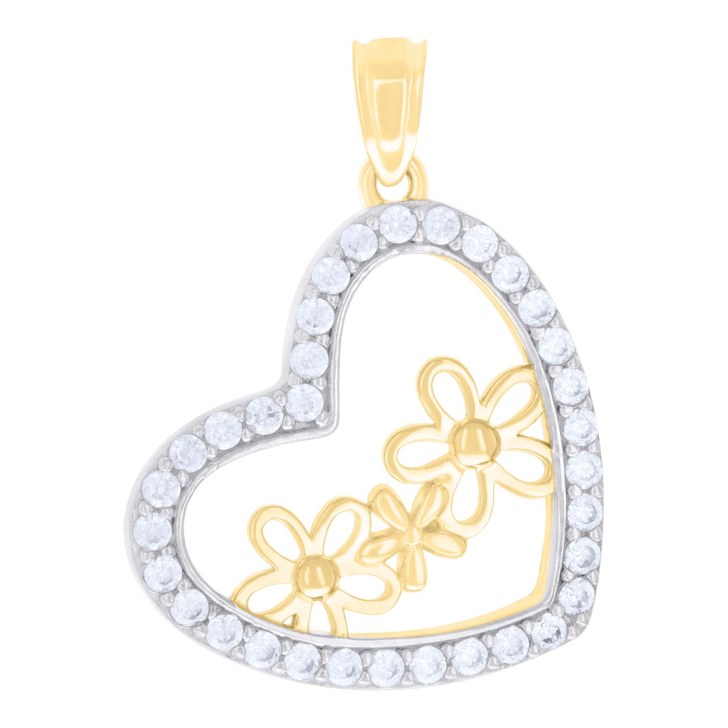 10k Two tone Gold Womens Cubic Zirconia Flowers Heart Charm Pendant