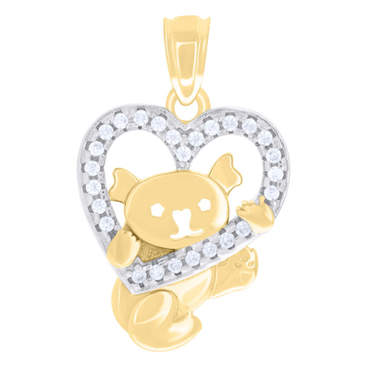 10k Two tone Gold Womens Cubic Zirconia Teddy Bear Heart Charm Pendant