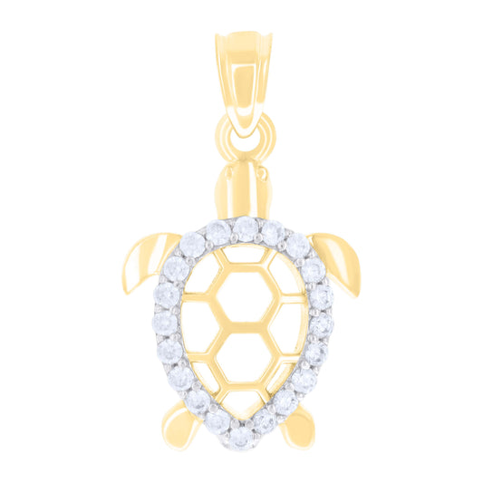 10k Two tone Gold Womens Cubic Zirconia Good Luck Turtle Ocean Wildlife Charm Pendant