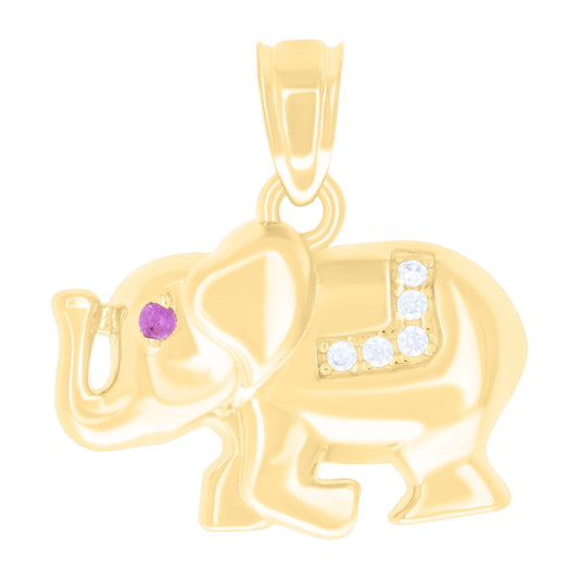 10k Yellow Gold Unisex Purple White Cubic Zirconia Elephant Good Luck Charm Pendant