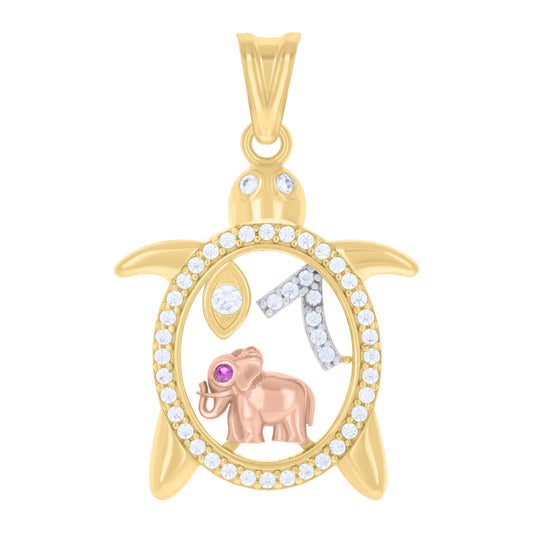 10k Tri Color Gold Womens Cubic Zirconia Turtle Elephant Evil Eye 7 Good Luck Charm Pendant