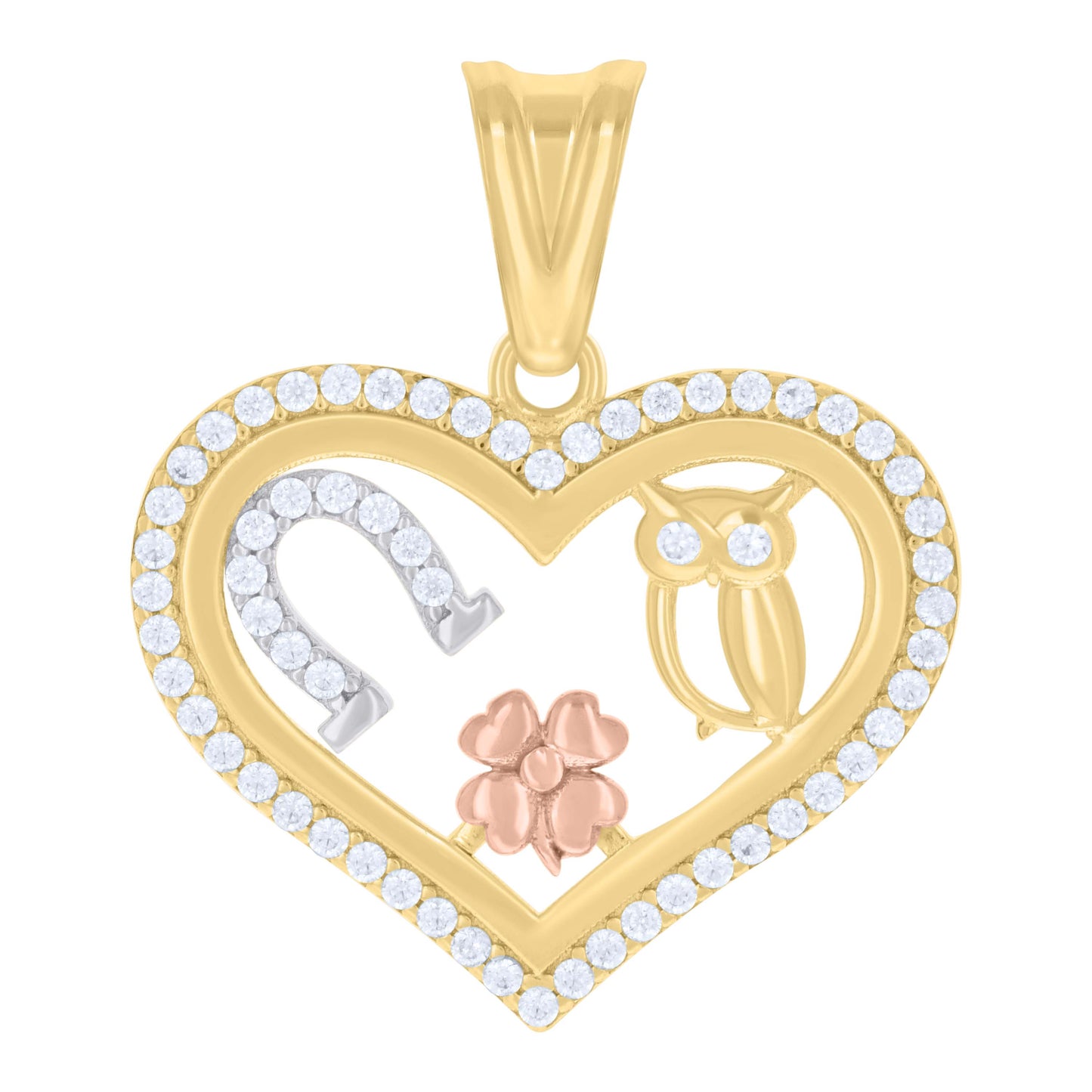 10k Tri Color Gold Womens Cubic Zirconia Owl Horseshoe Clover Heart Good Luck Charm Pendant