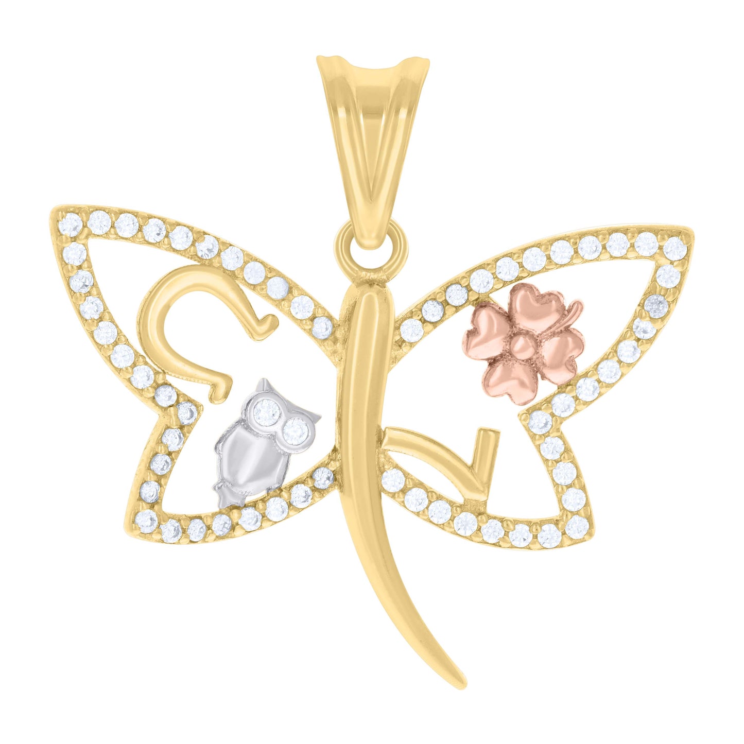 10k Tri Color Gold Womens Cubic Zirconia Butterfly Horseshoe Owl 7 Clover Good Luck Charm Pendant