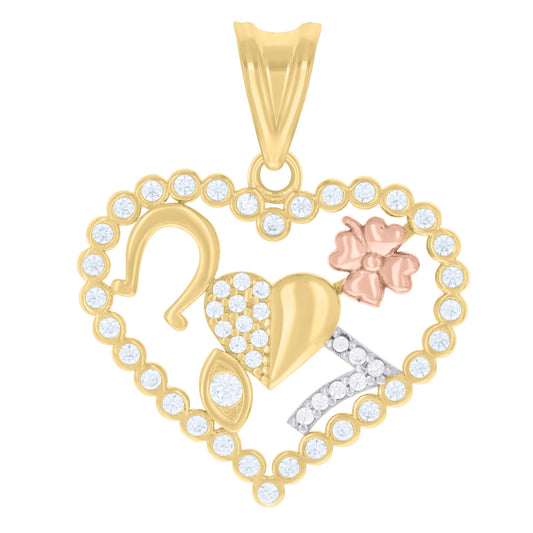 10k Tri Color Gold Womens Cubic Zirconia Horseshoe Evil Eye 7 Clover Heart Good Luck Charm Pendant