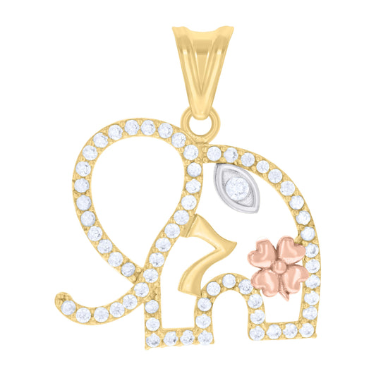 10k Tri Color Gold Womens Cubic Zirconia Elephant Evil Eye 7 Clover Good Luck Charm Pendant
