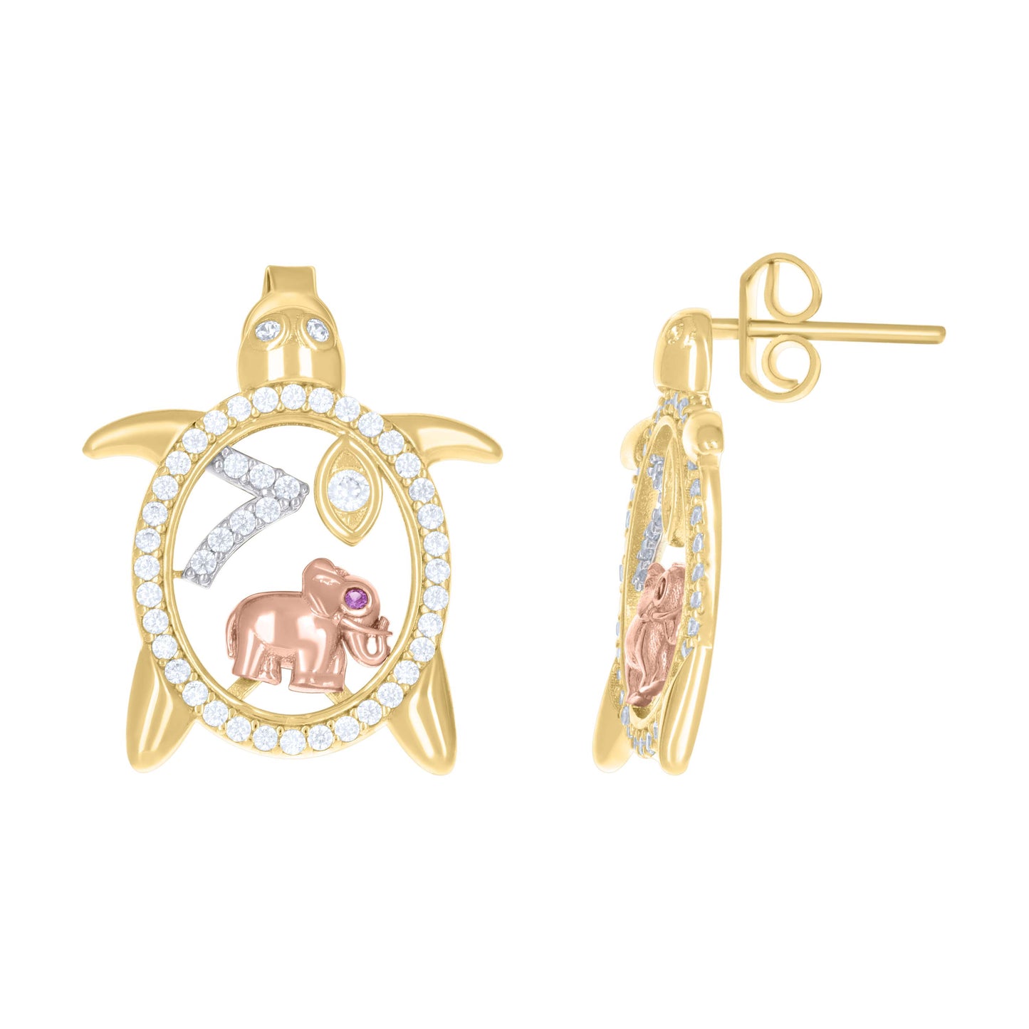10k Tri-Color Gold Womens Cubic Zirconia Turtle Elephant Evil Eye 7 Good Luck Stud Earrings