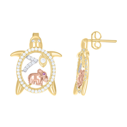 10k Tri-Color Gold Womens Cubic Zirconia Turtle Elephant Evil Eye 7 Good Luck Stud Earrings