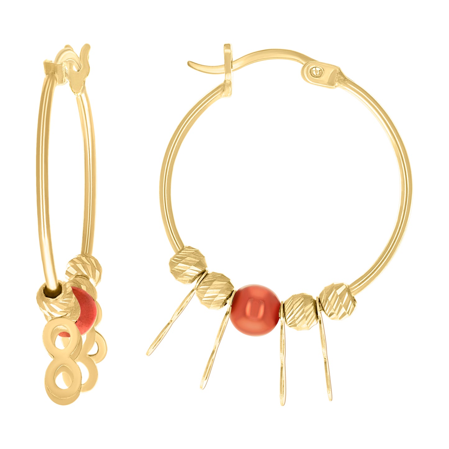 10k Yellow Gold Womens Infinity Red Beaded Hoop Earrings