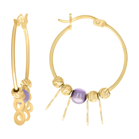10k Yellow Gold Womens Infinity Purple Beaded Hoop Earrings